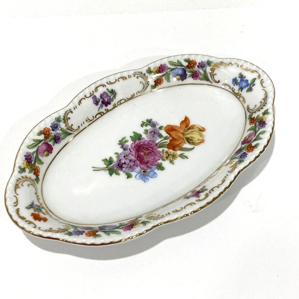 Vintage Schumann Bavarian porcelain relish dish oval floral colorful display